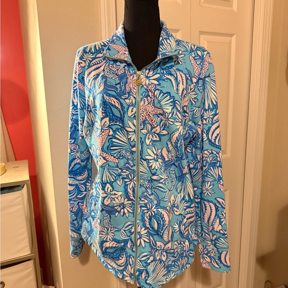 EUC Lilly Pulitzer Zip up athletic jacket large “Sound the Sirens Amalfi blue”